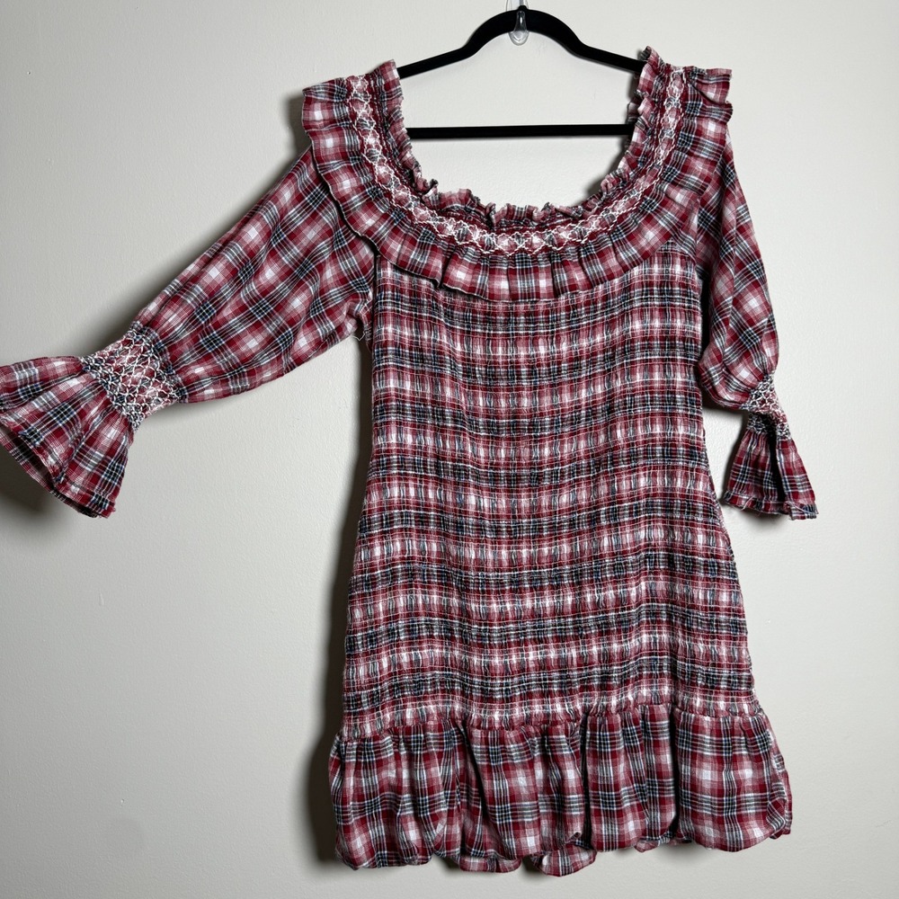 Pilcro Plaid Smocked Mini Dress Red Navy White Cotton Bubble Hem Womens XL - Picture 5 of 10